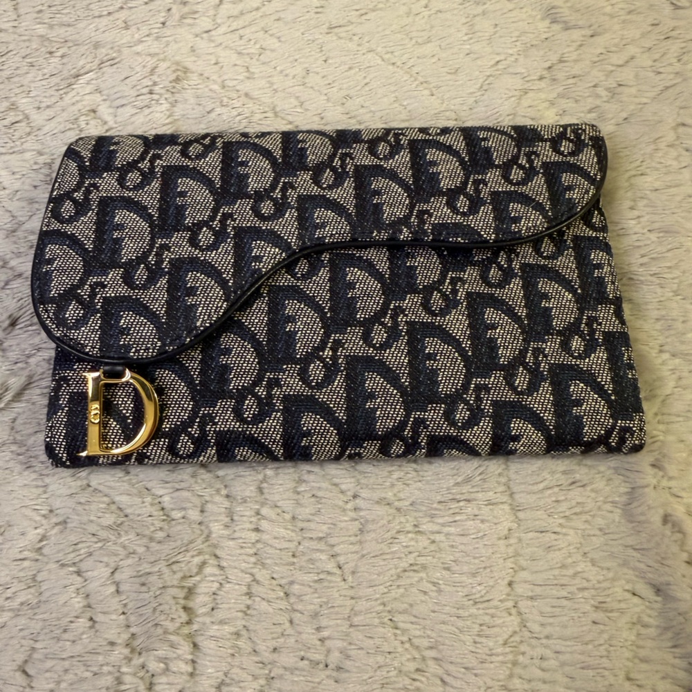 Dior Navy Blue Monogram Trotter Saddle Flap Long Wallet